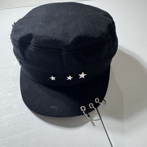 Star Studded Cabbie Military hat cap black silver